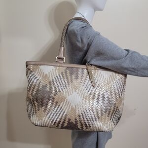 Cole Haan Metallic Woven Tote - Cream  and Silver